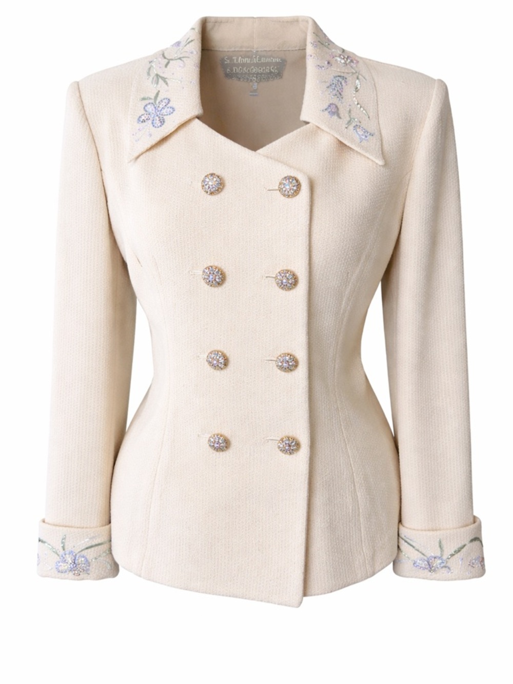 Vtg St. John Evening Cream Bouclé Blazer Floral Embroidered Rhinestone Button‎ 6